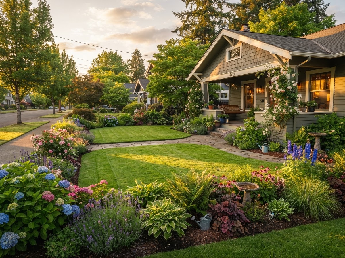 A well-kept residential lawn and garden in Portland