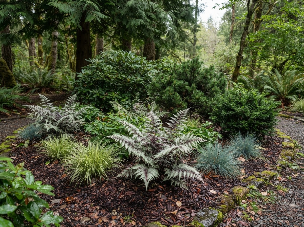 Pacific Northwest ferns, ornamental grasses, and evergreen shrubs