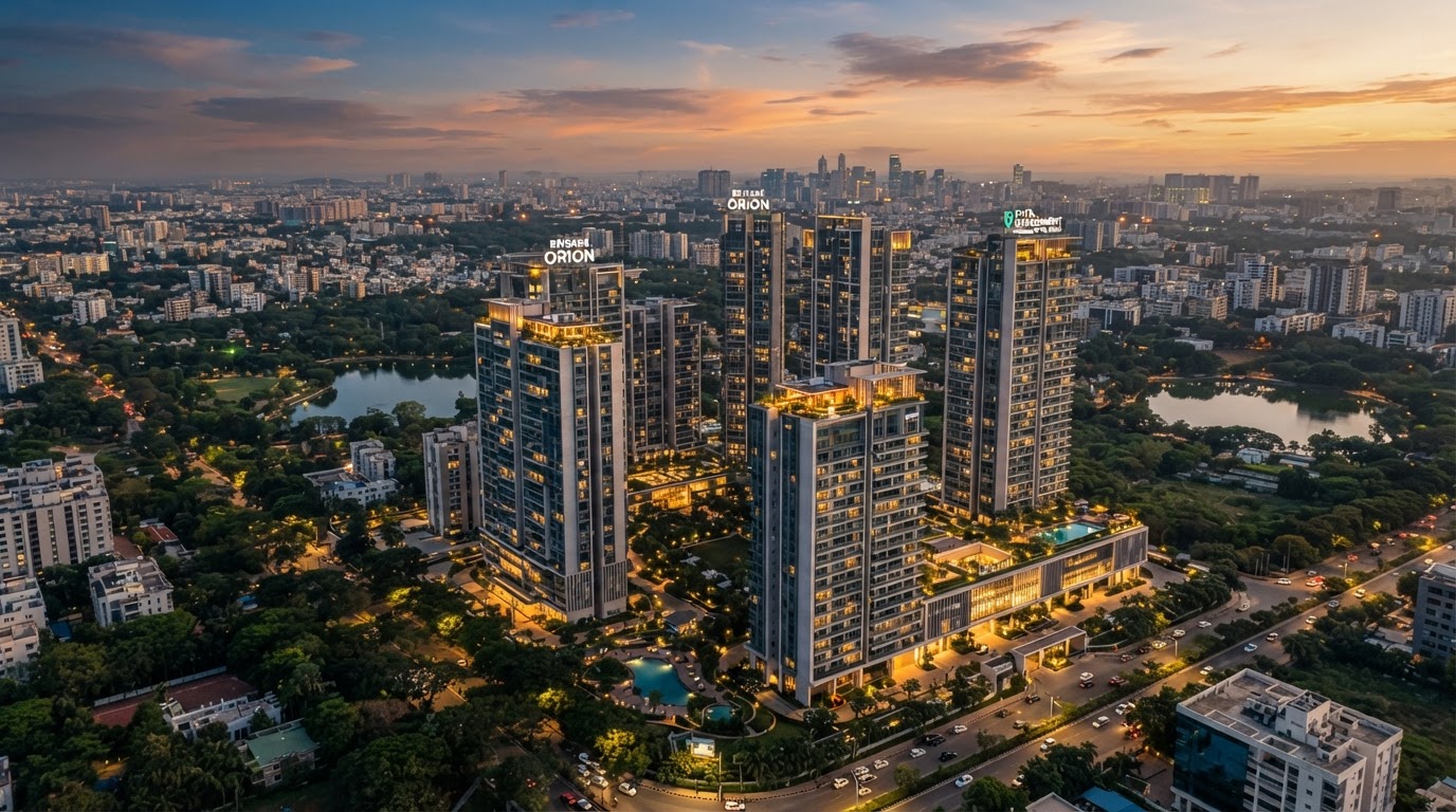 Premium Bangalore luxury residential high-rises at twilight