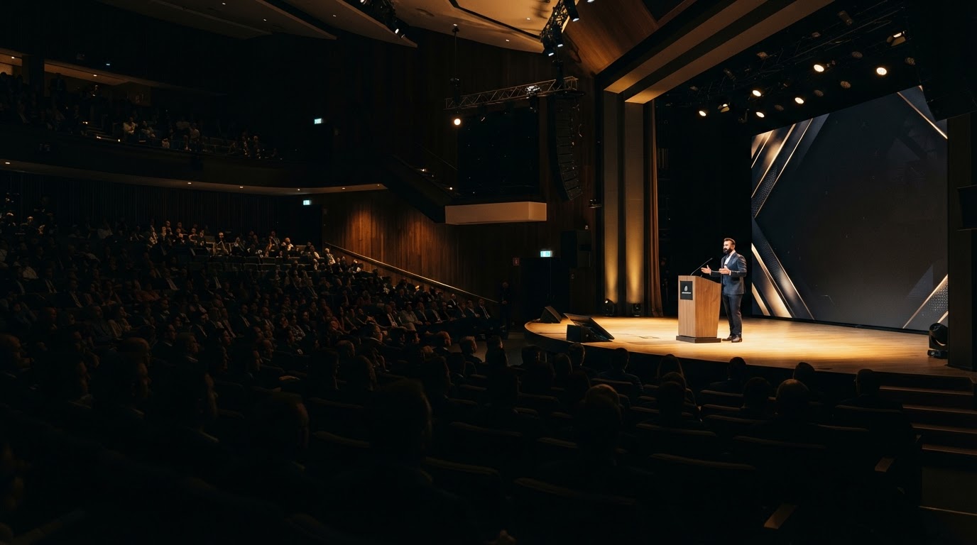 Premium summit auditorium with dramatic gold stage lighting