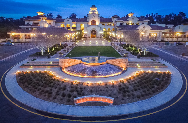 Old Town Temecula City Hall and civic center venue illuminated at dusk