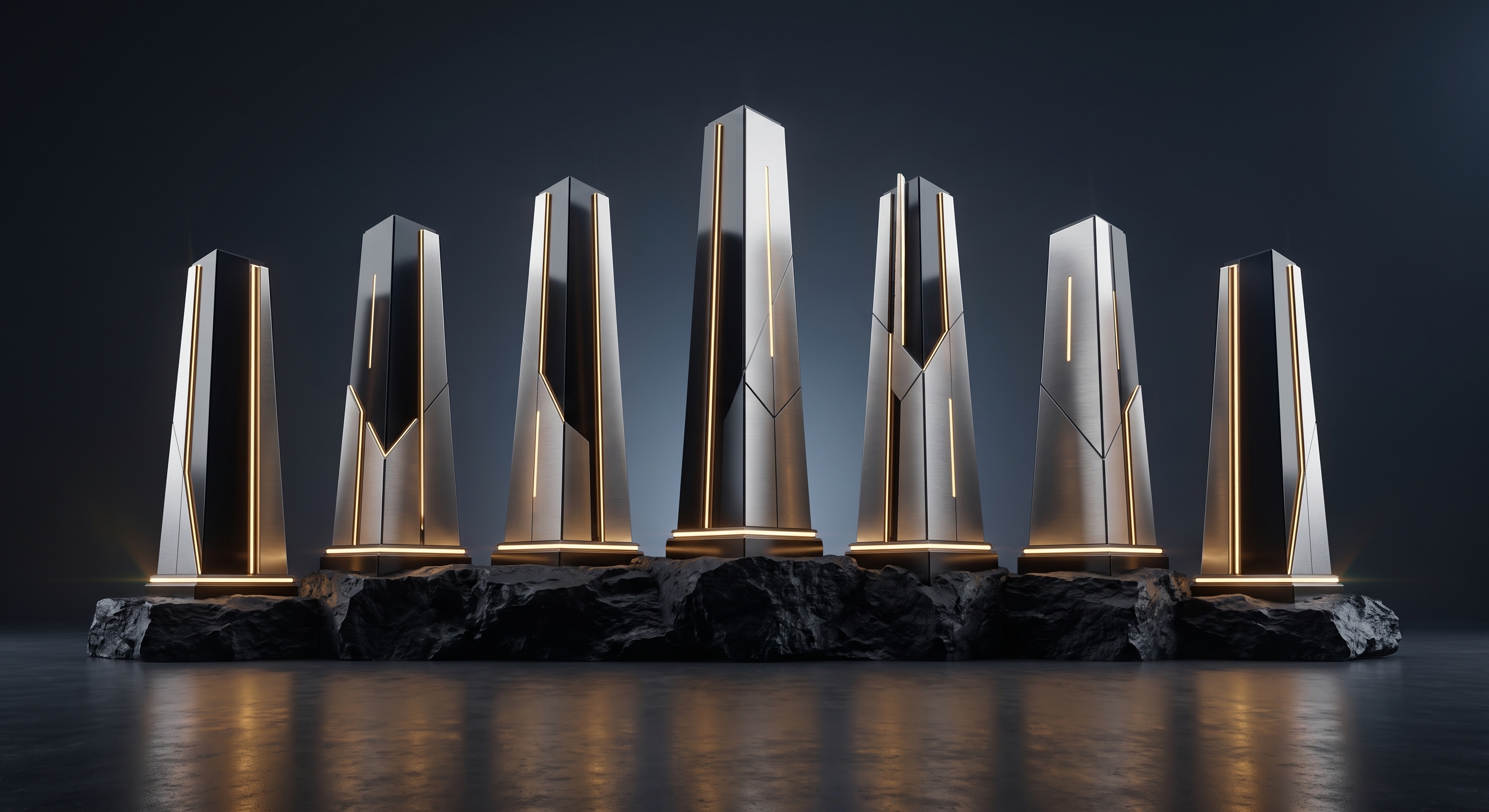 Seven elevated geometric pillars rising from a unified bedrock foundation