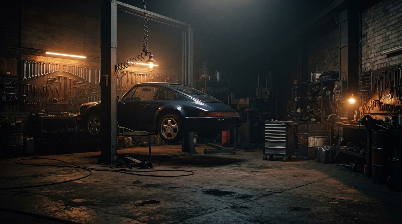 Joey's Mechanical workshop interior with a car on the lift