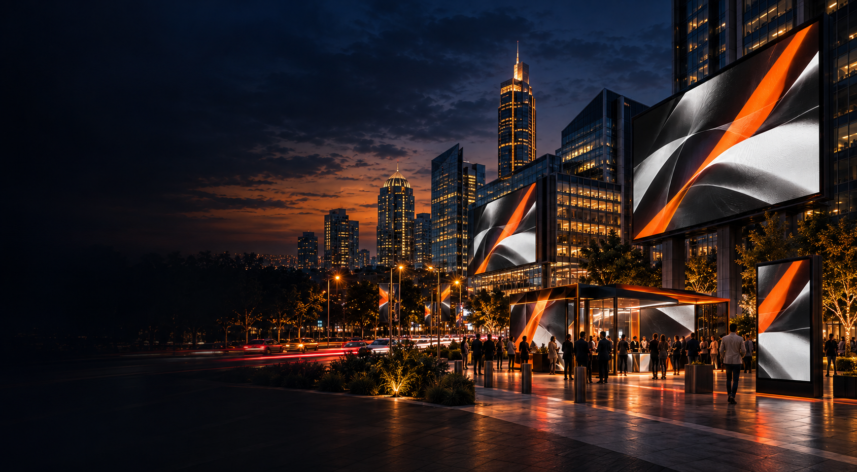 Hale Outdoor integrated media campaign featuring dynamic digital billboard screens, urban street activation and Sandton city skyline at dusk