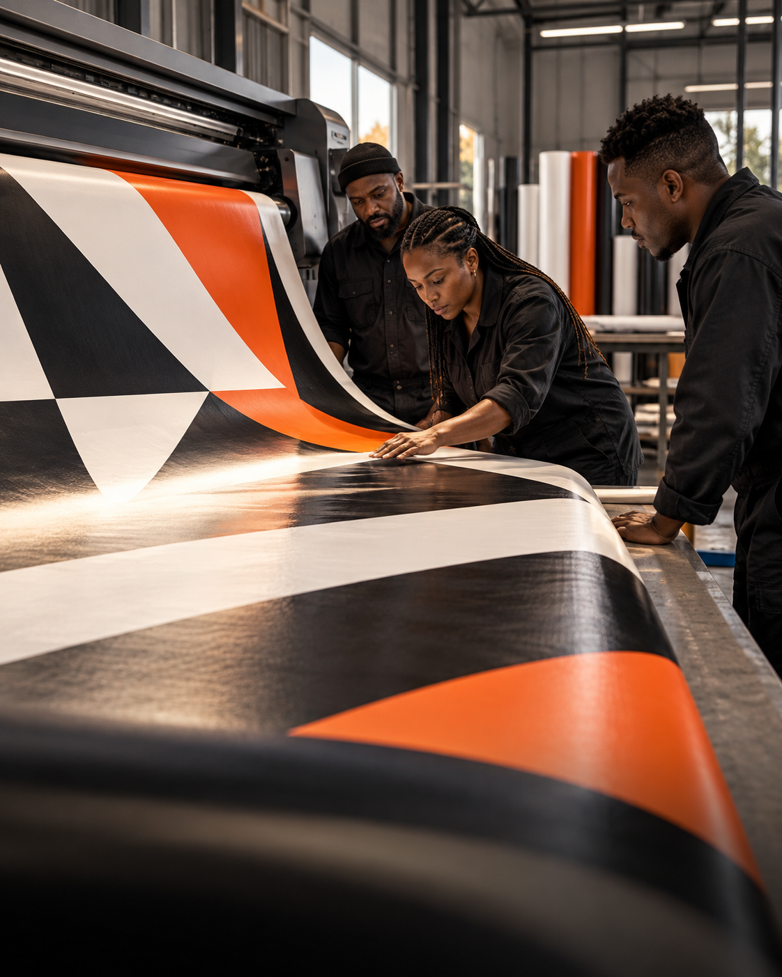 Hale Outdoor production specialists inspecting large-format campaign artwork in Johannesburg.