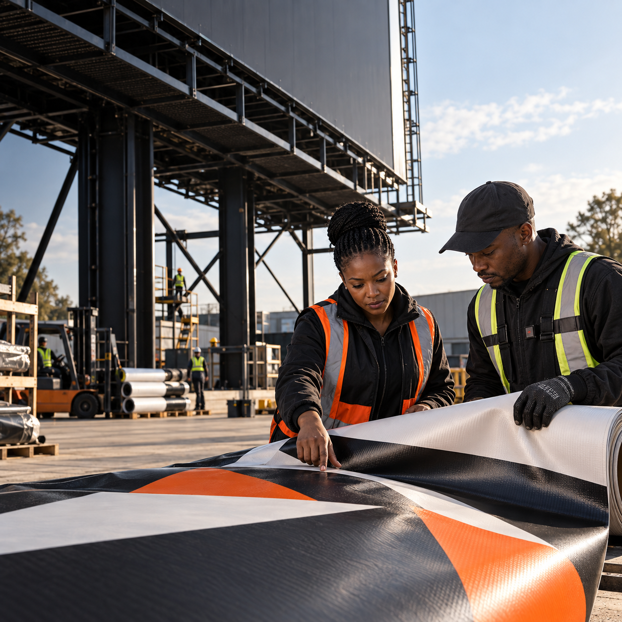 Hale Outdoor media specialists reviewing large-format billboard material at a Johannesburg installation facility.