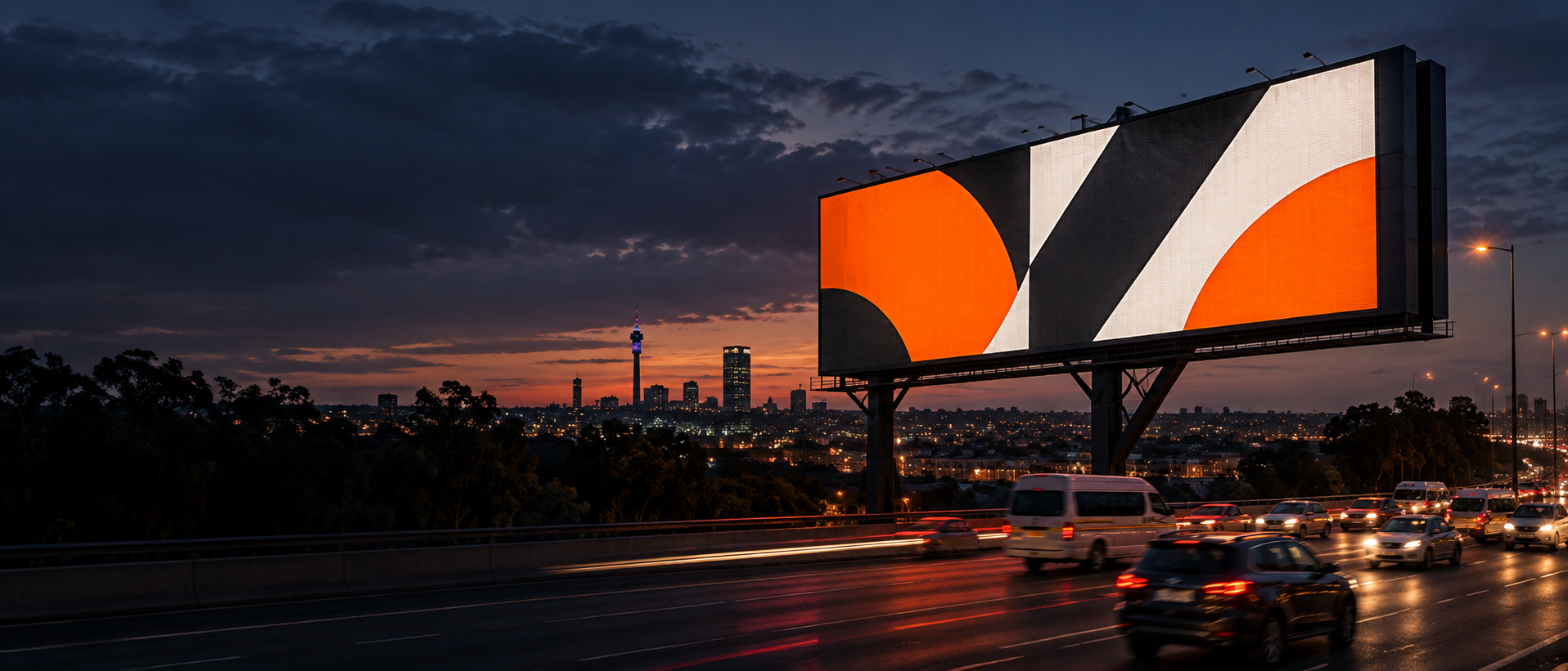 Large-format digital billboard beside a busy Johannesburg highway at dusk