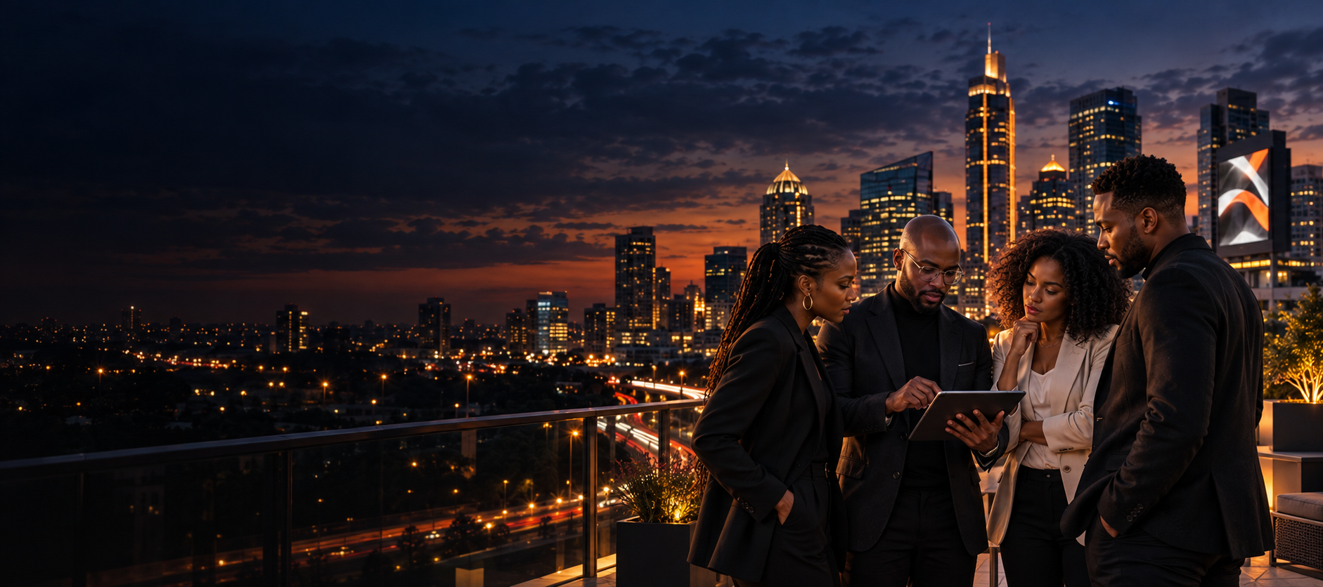 Hale Outdoor leadership team on a Sandton rooftop overlooking the Johannesburg city skyline and glowing digital billboard at dusk