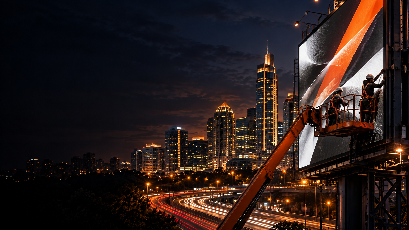Hale Outdoor large-format billboard installation with rigging crew on access platform overlooking the Sandton city skyline at night