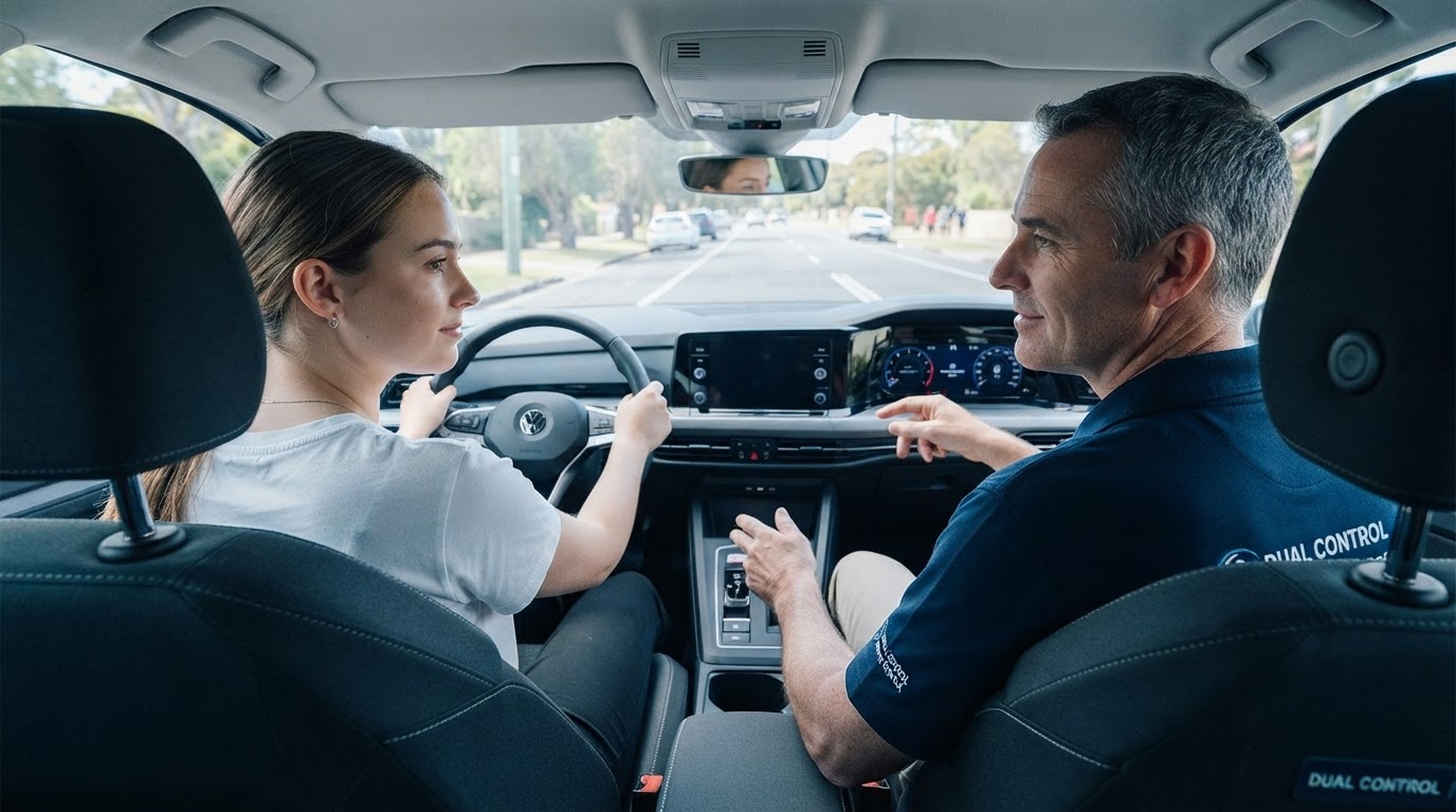 Driving lesson in progress inside a car