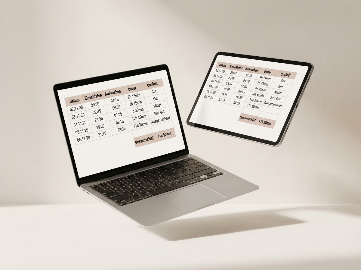 Laptop und Tablet mit übersichtlicher Tabellenansicht des automatisch rechnenden Schlafprotokolls