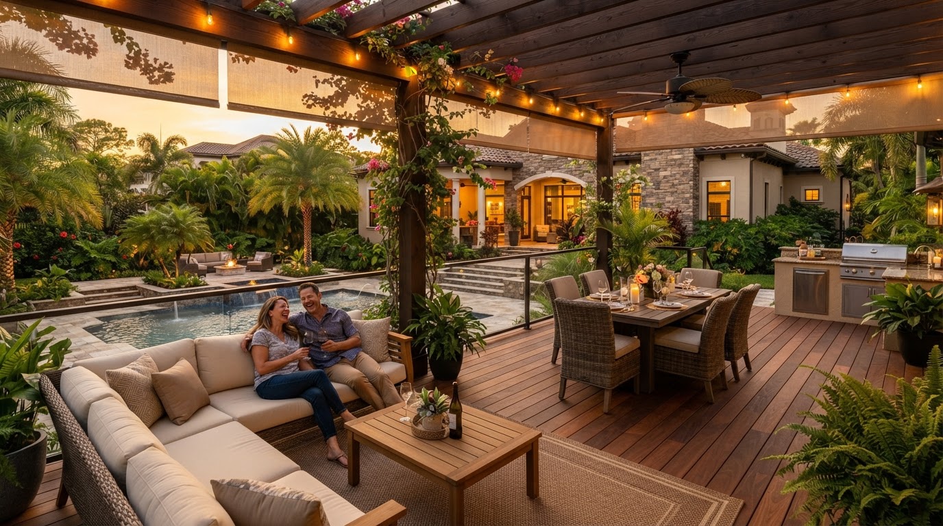 Residential deck with pergola overlooking a landscaped Florida backyard by Cornerstone Construction near Summerfield