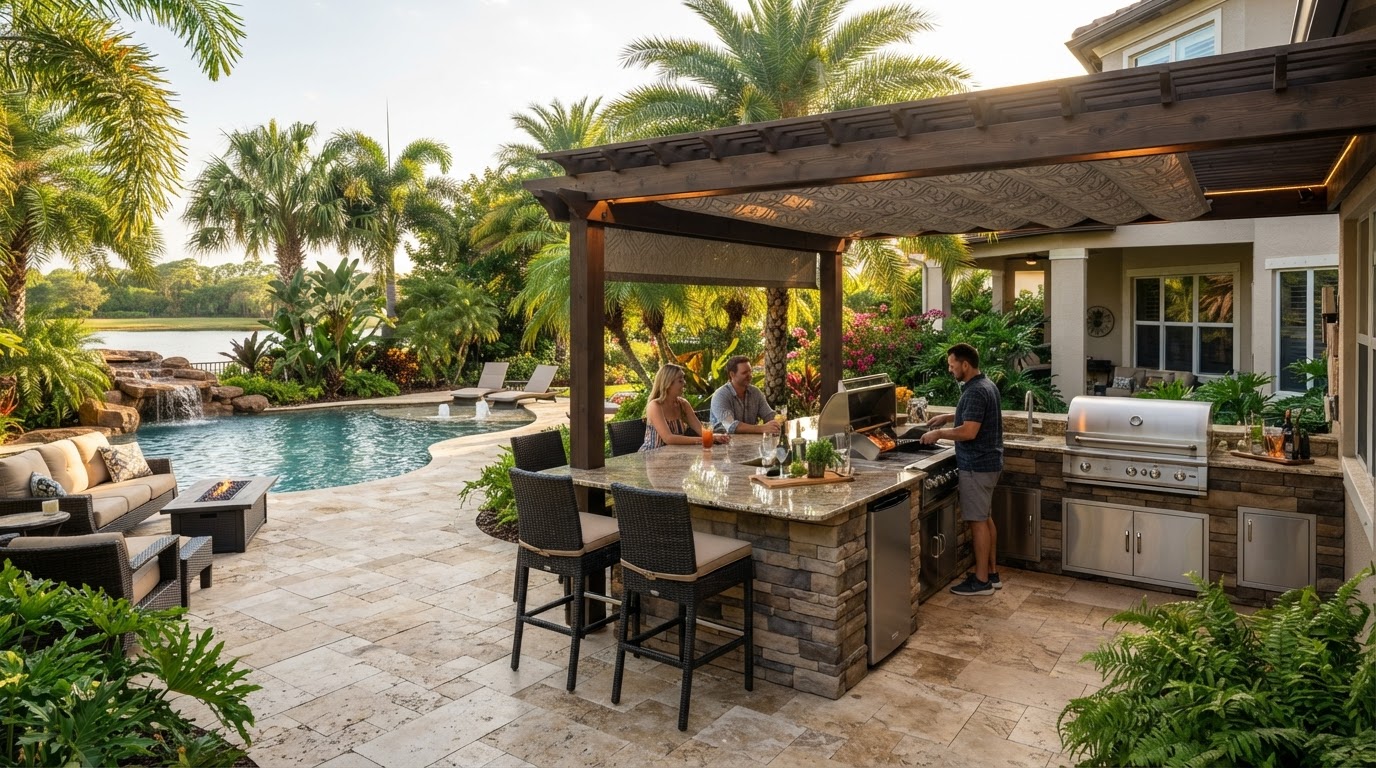 Backyard paver patio with outdoor kitchen, bar seating, and pergola by Cornerstone Construction in Lady Lake FL