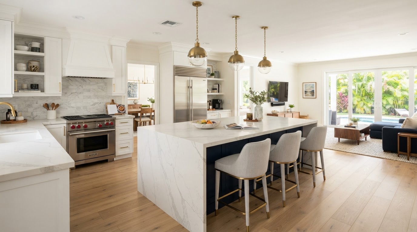 Open-concept remodeled kitchen with island flowing into a bright living area by Cornerstone Construction in Leesburg FL