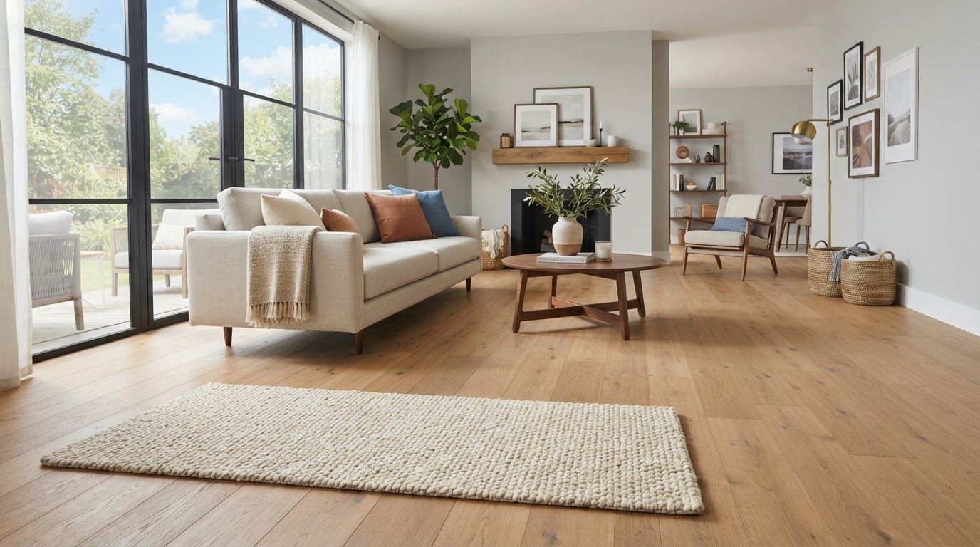 Beautifully finished living room with new hardwood flooring