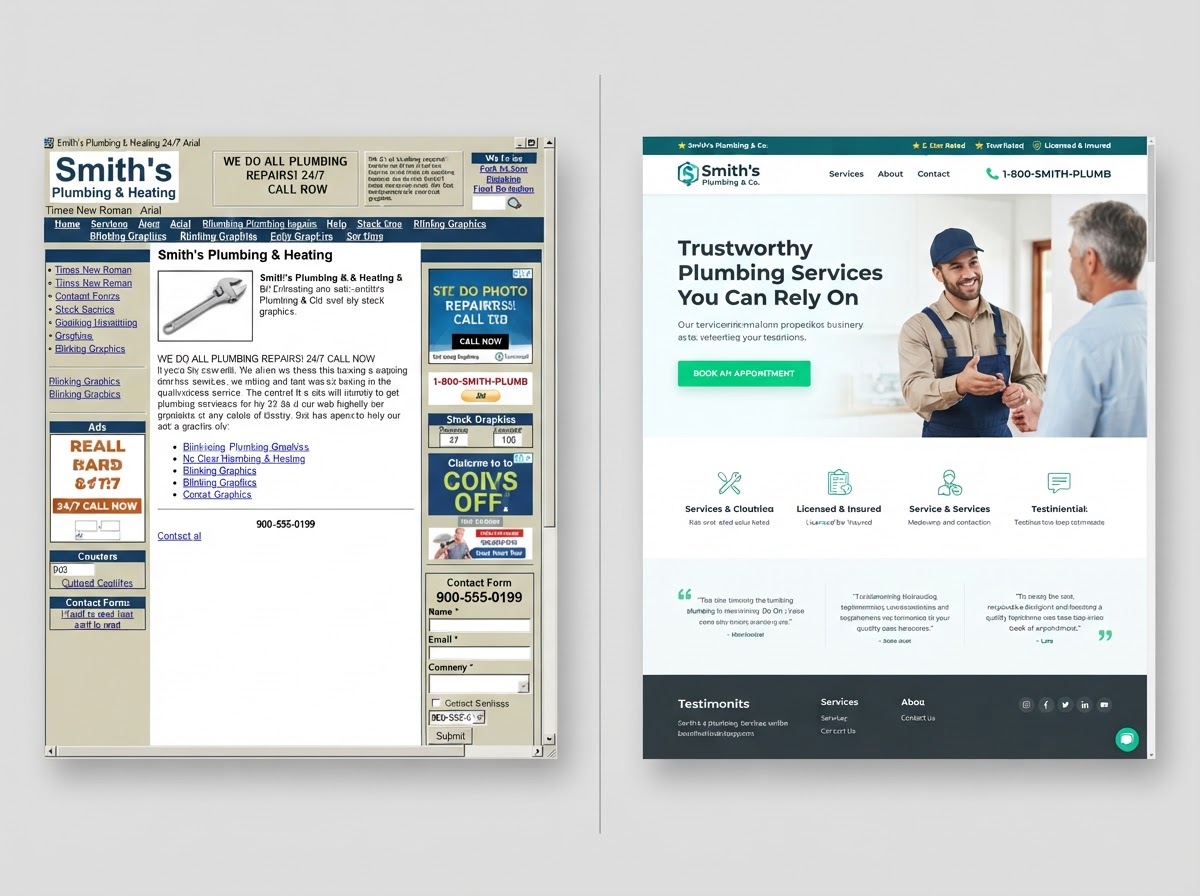 Before and after: an outdated local-business website next to a modern professional website