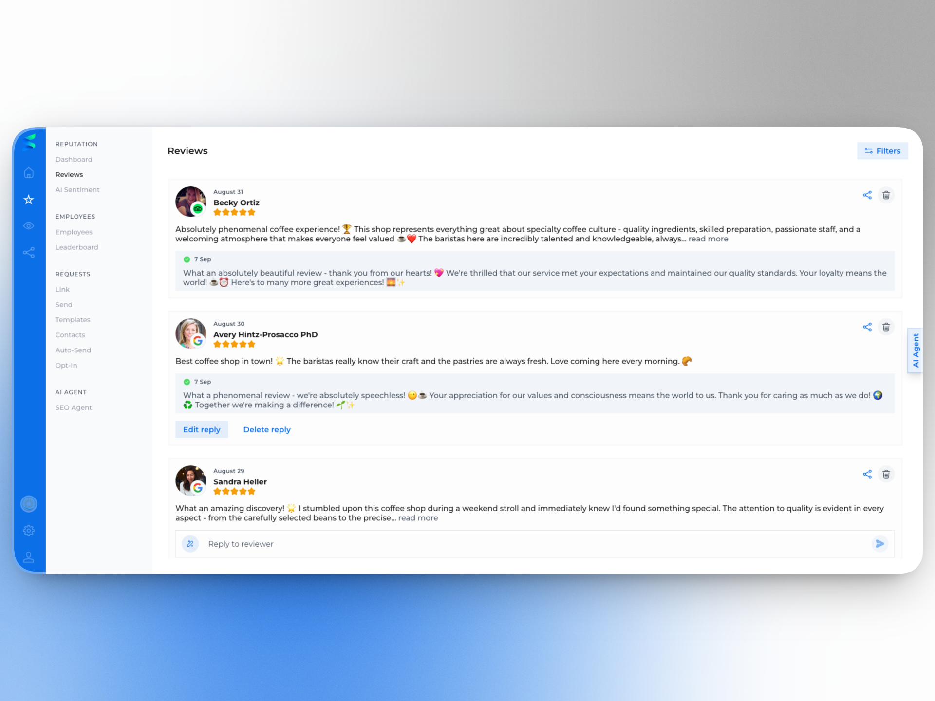 SNAGN Customer Reviews Management Interface
