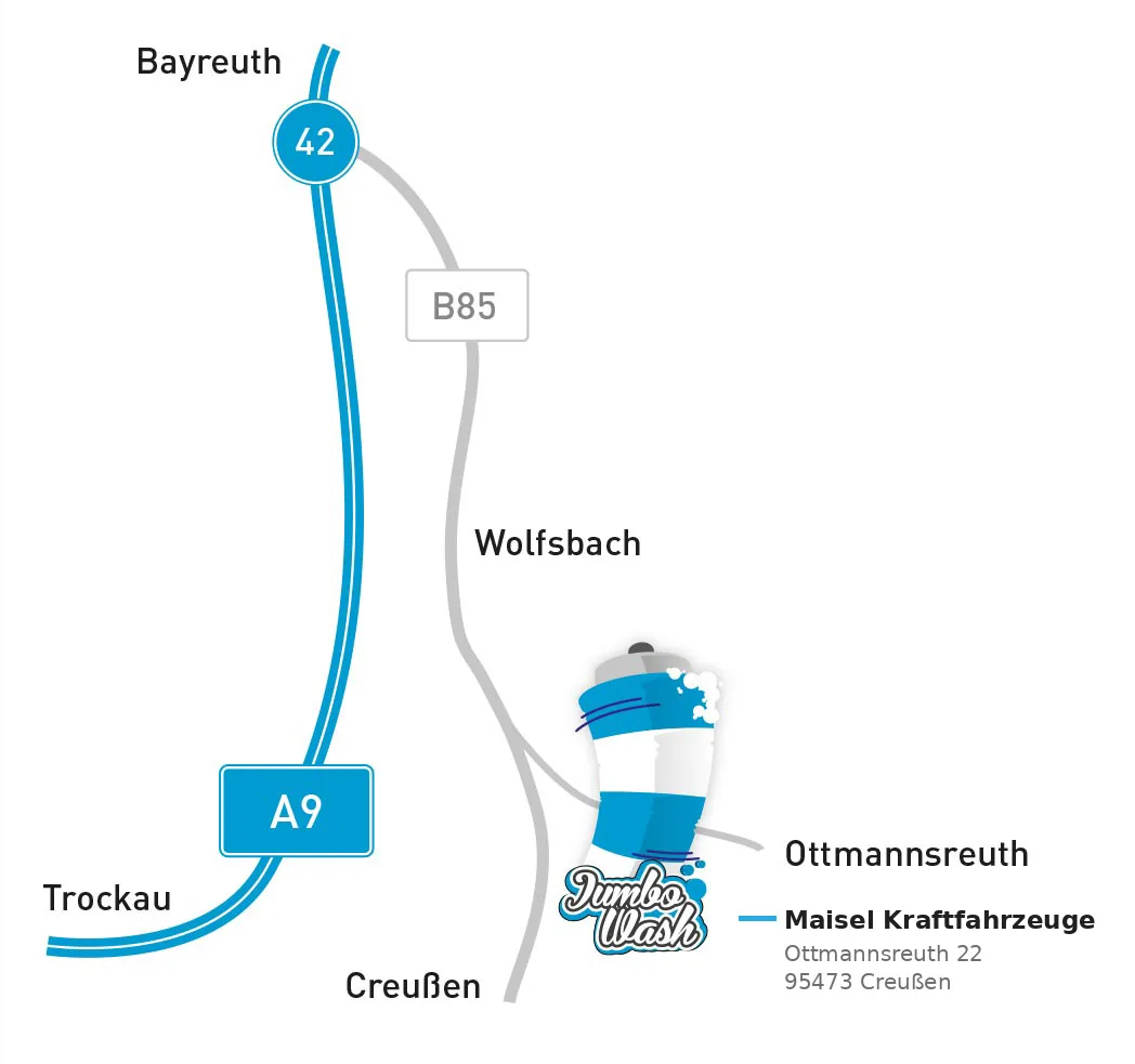 Anfahrtsskizze: A9 Ausfahrt Bayreuth-Süd, über die B85 nach Ottmannsreuth zwischen Bayreuth und Creußen