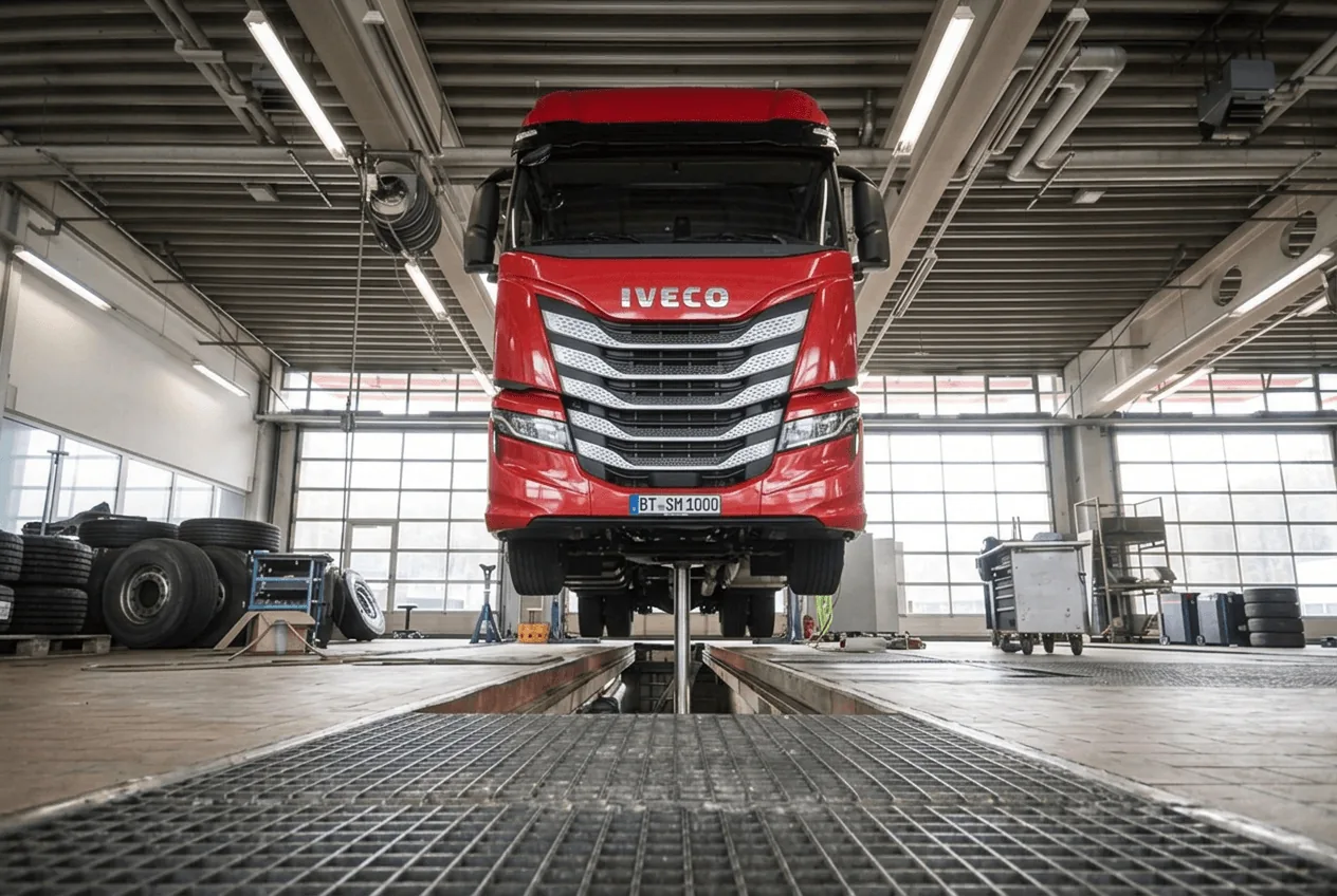 Roter IVECO LKW auf der Hebebühne in der Meisterwerkstatt für Nutzfahrzeuge