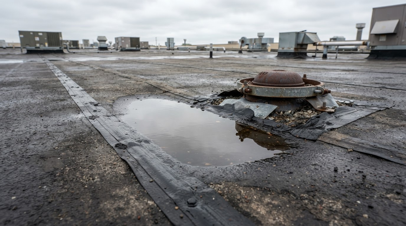 Commercial flat roof membrane with flashing and drainage in Syracuse NY