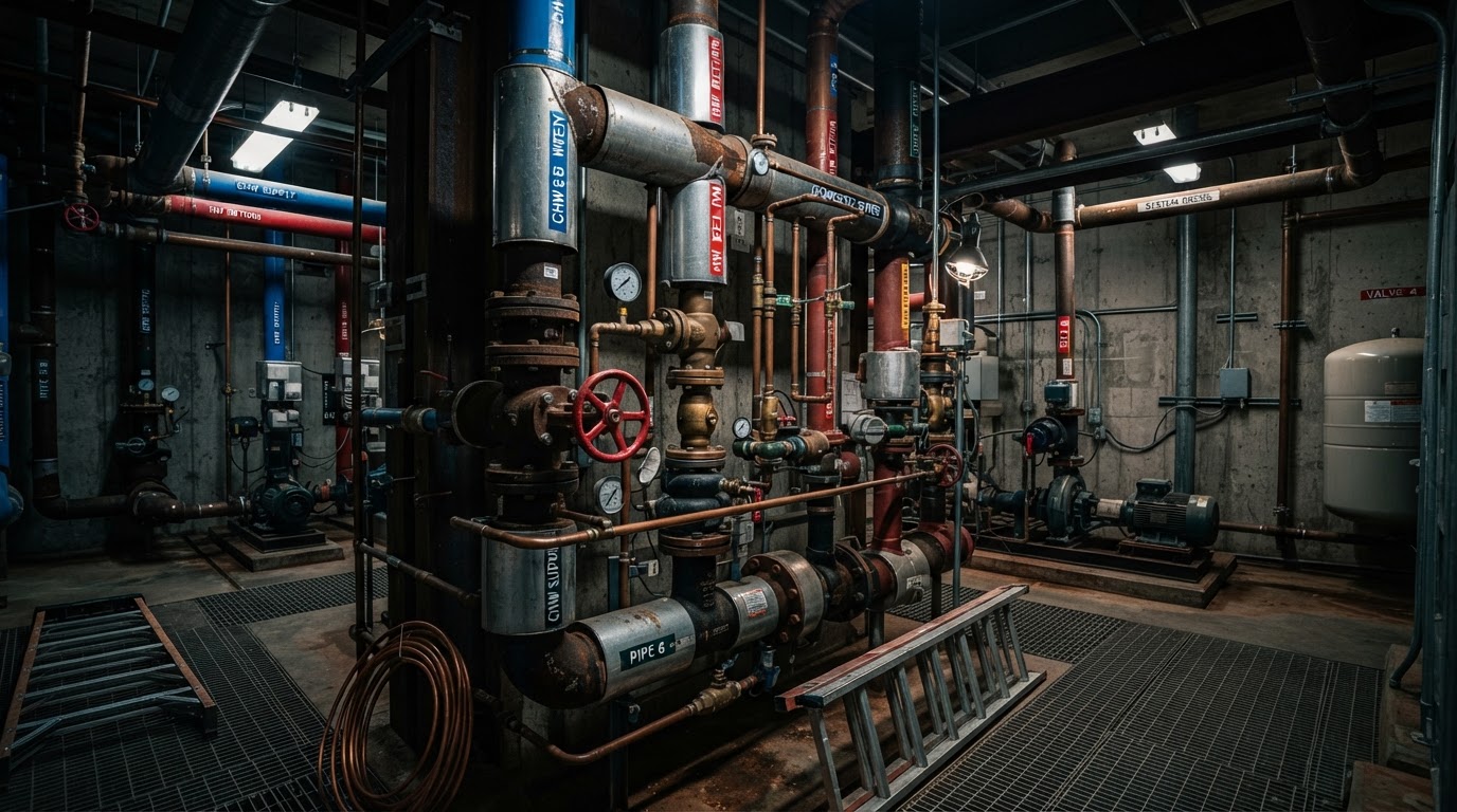 Commercial plumbing pipes and valves in a Syracuse NY mechanical room