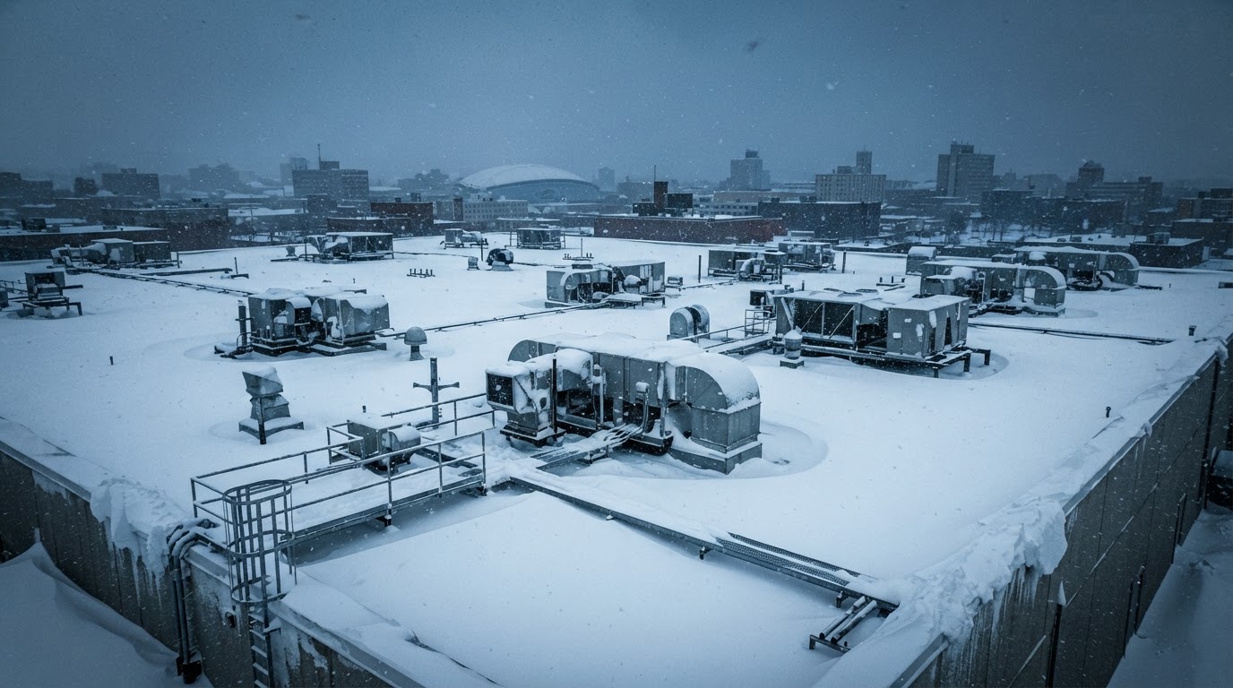 Syracuse NY commercial building rooftop under heavy lake-effect snow