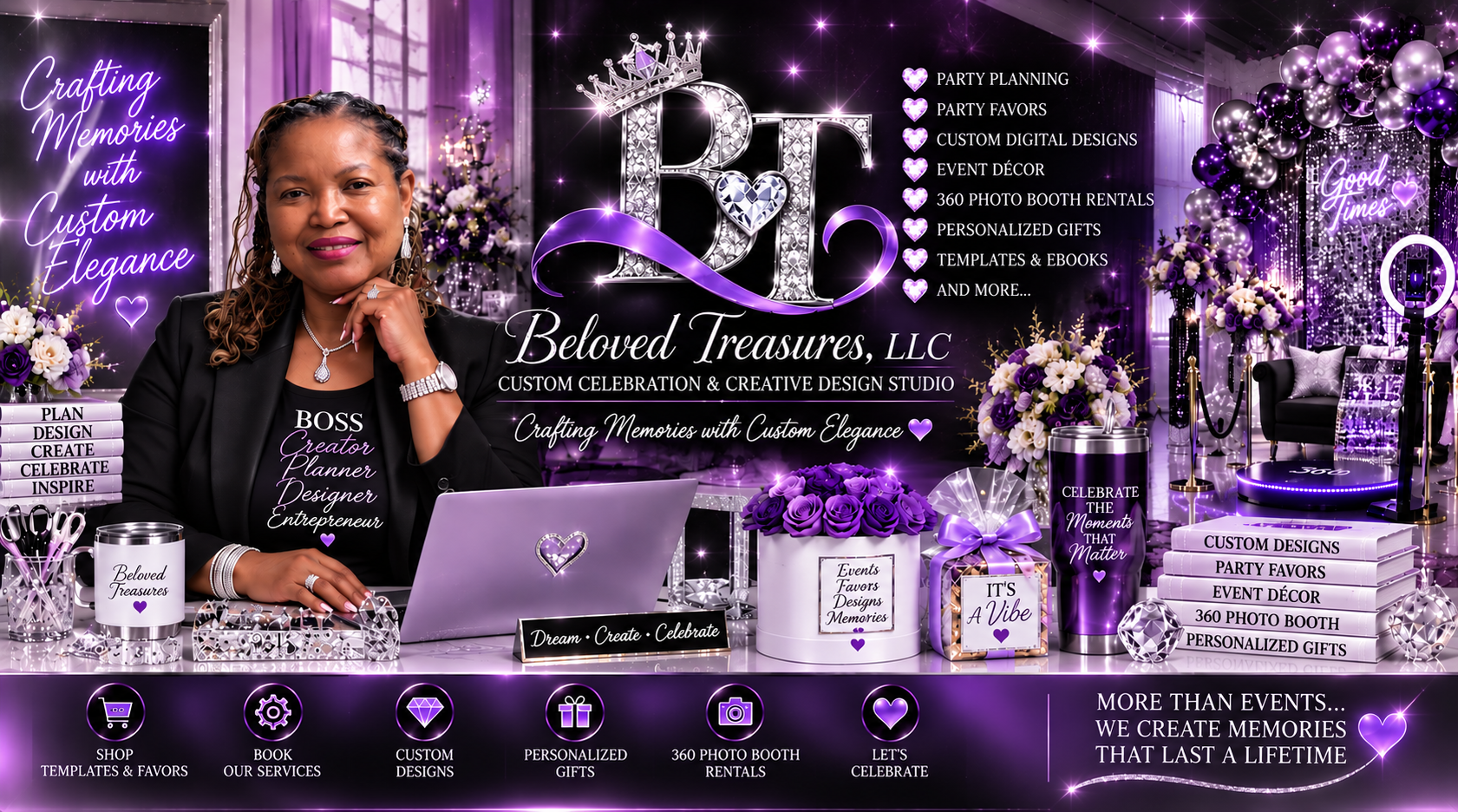 Beloved Treasures, LLC — Custom Celebration & Creative Design Studio with CEO & Founder, 360 Photo Booth, Event Décor, Custom Favors, and Gift Displays