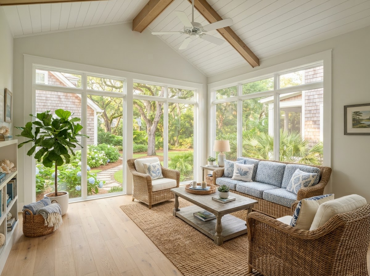 Four-season sunroom addition with insulated windows on a coastal home