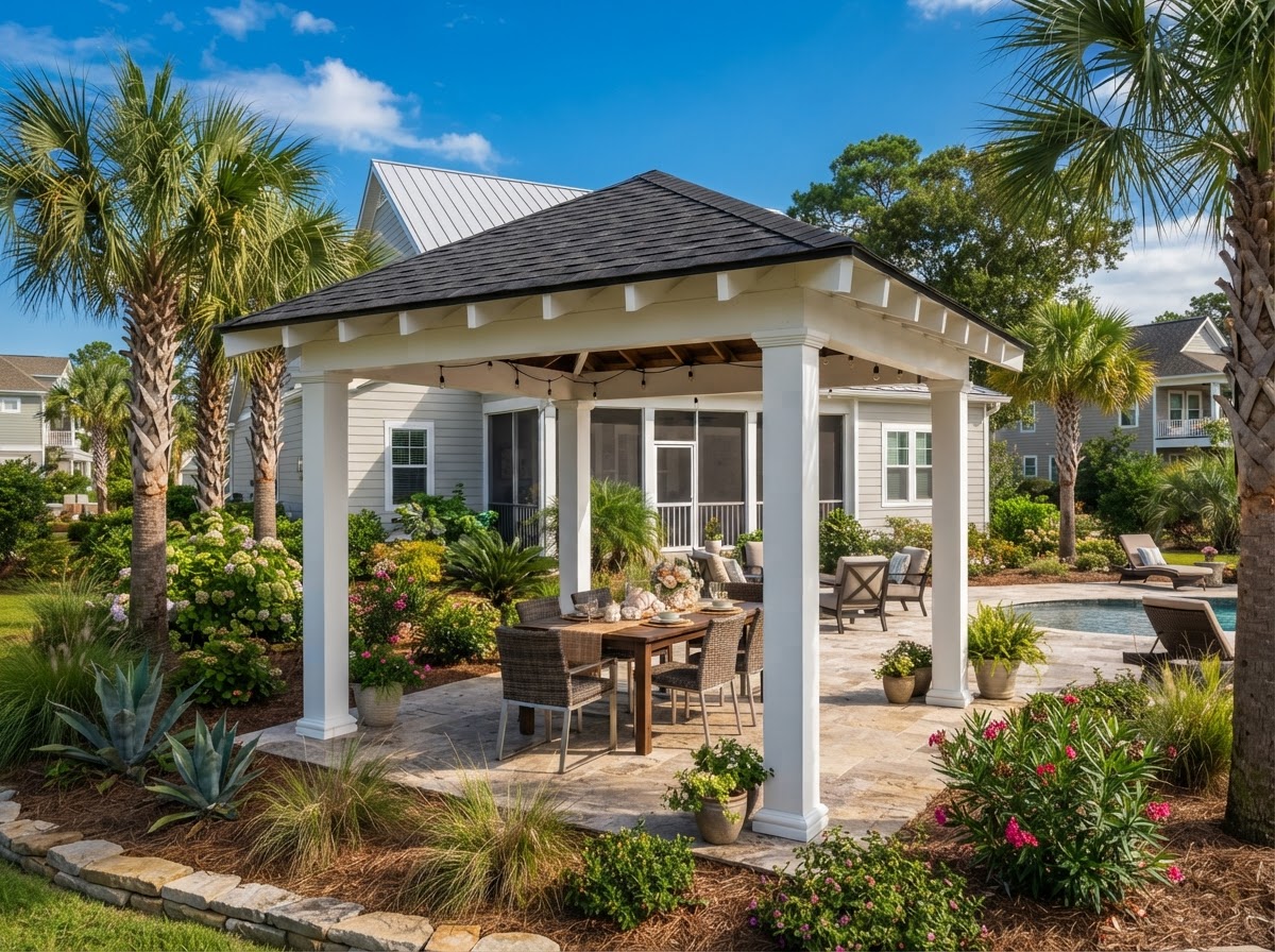 Freestanding solid-roof patio pavilion over a backyard patio