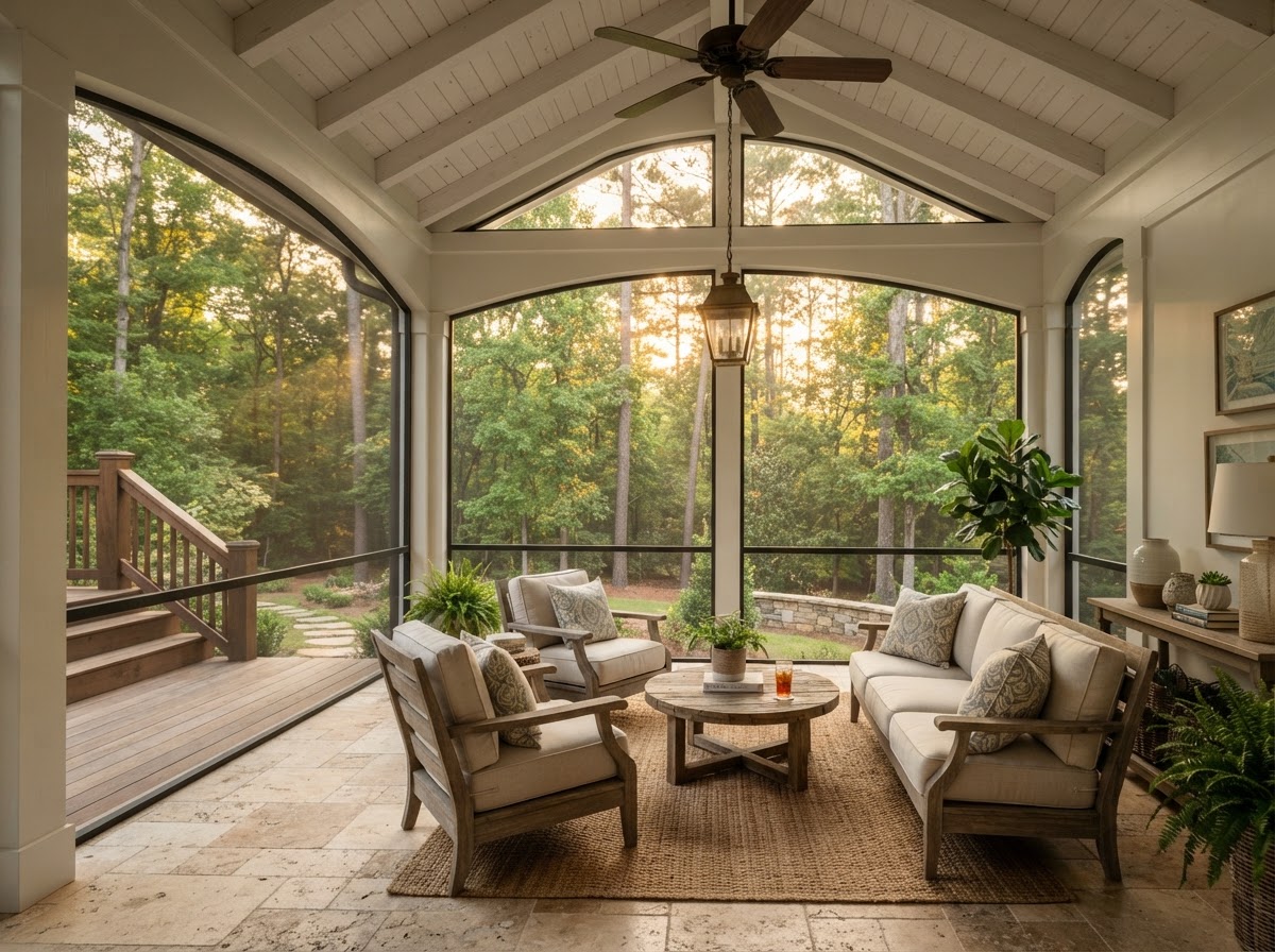 Screened porch room with fine mesh and lounge furniture
