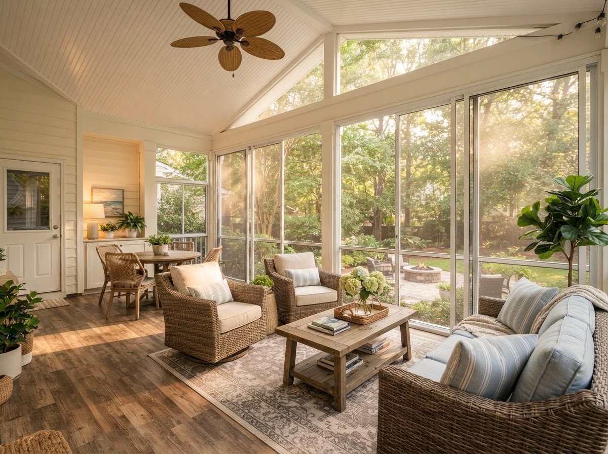 Enclosed porch conversion with vinyl panels overlooking a backyard