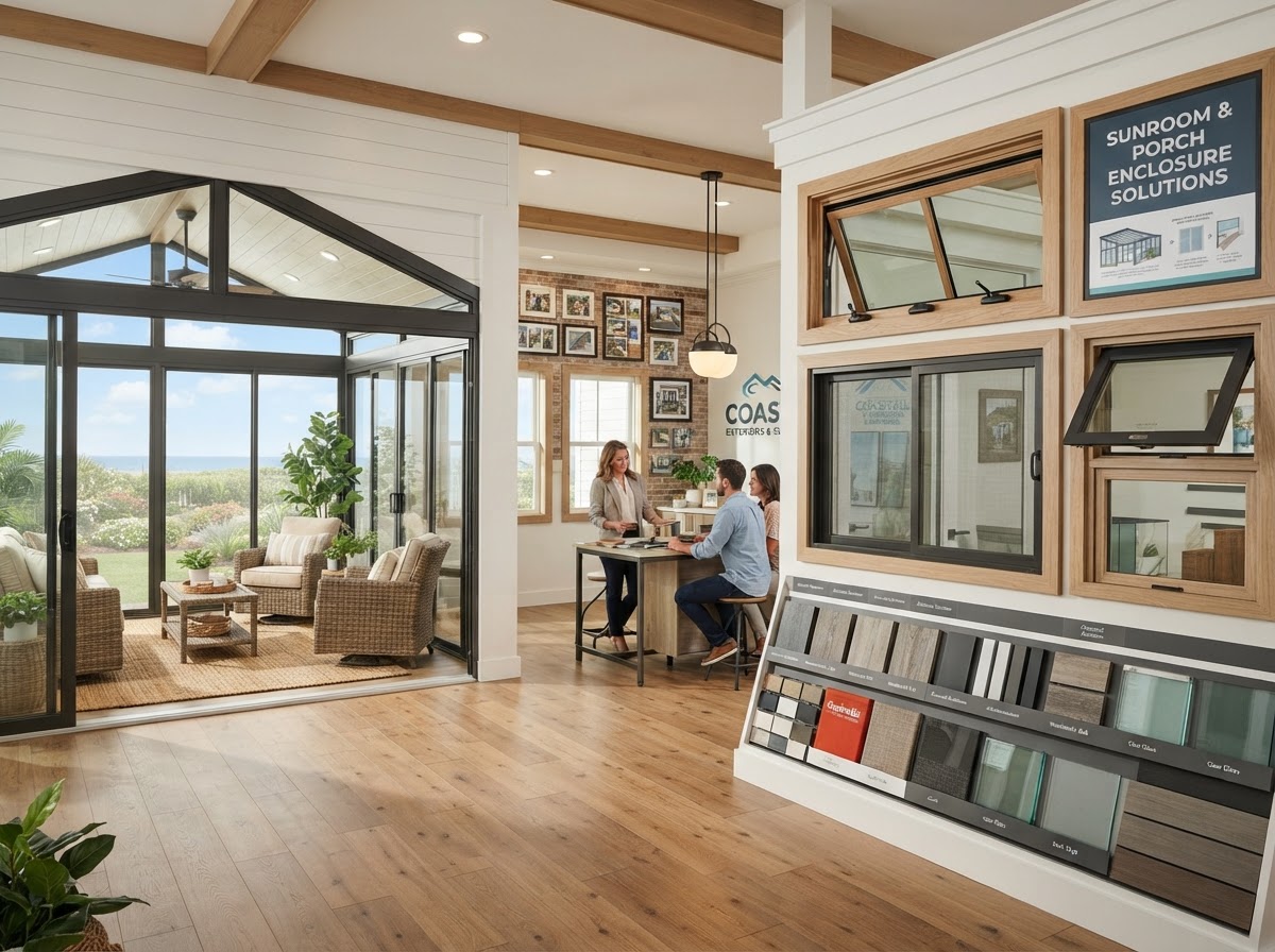 Interior of the Carolina Home Exteriors showroom displaying sunroom and porch enclosure product samples