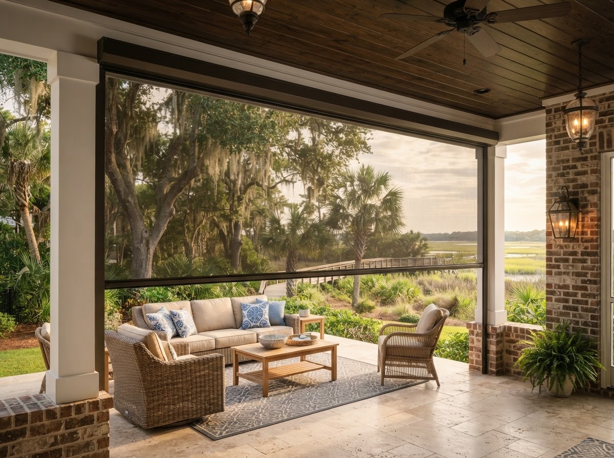 Motorized retractable screen lowered across a covered patio opening with sheer solar fabric filtering light