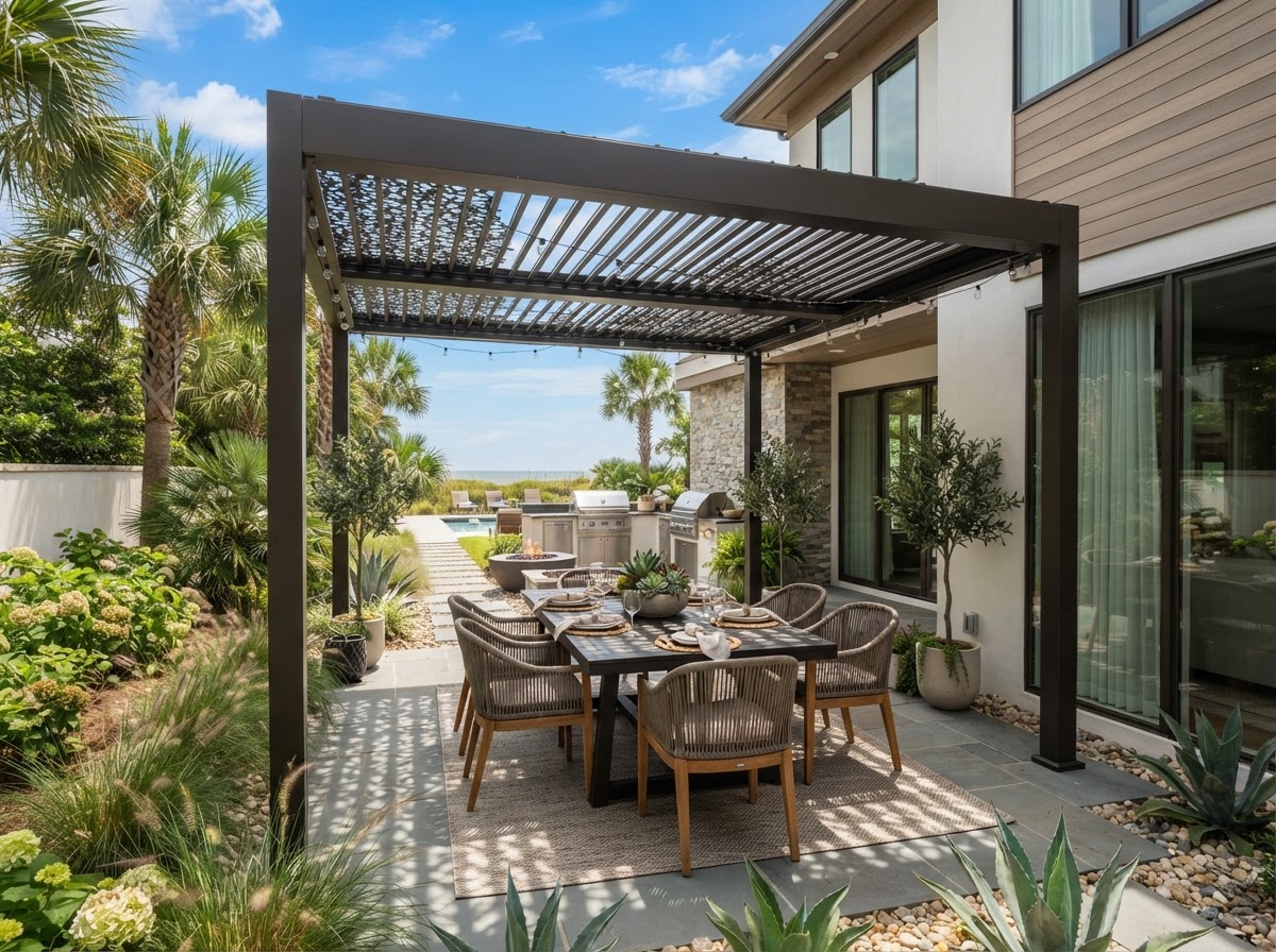 Aluminum pergola with motorized louvered roof over a patio