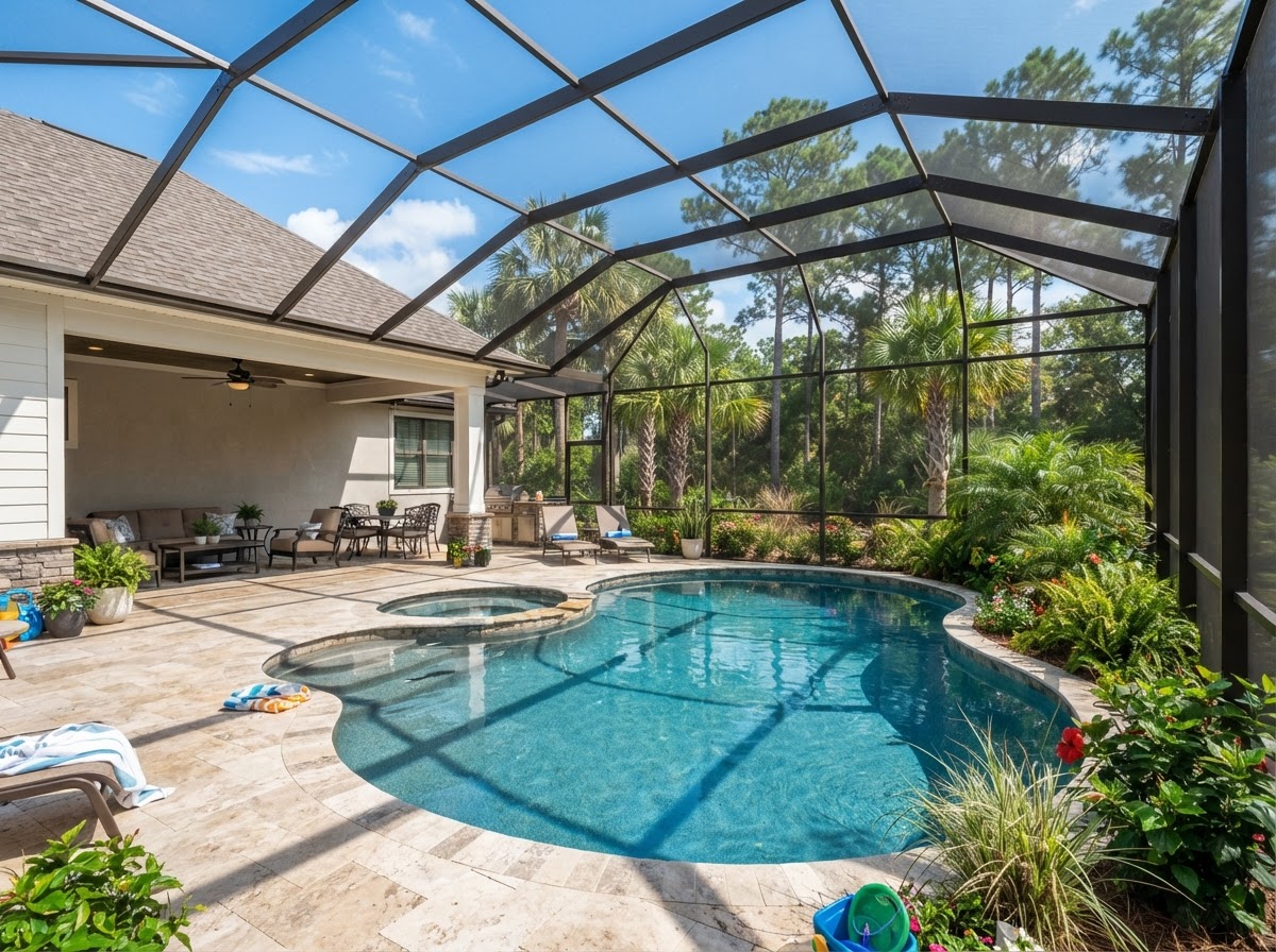 Screened pool enclosure around a backyard swimming pool