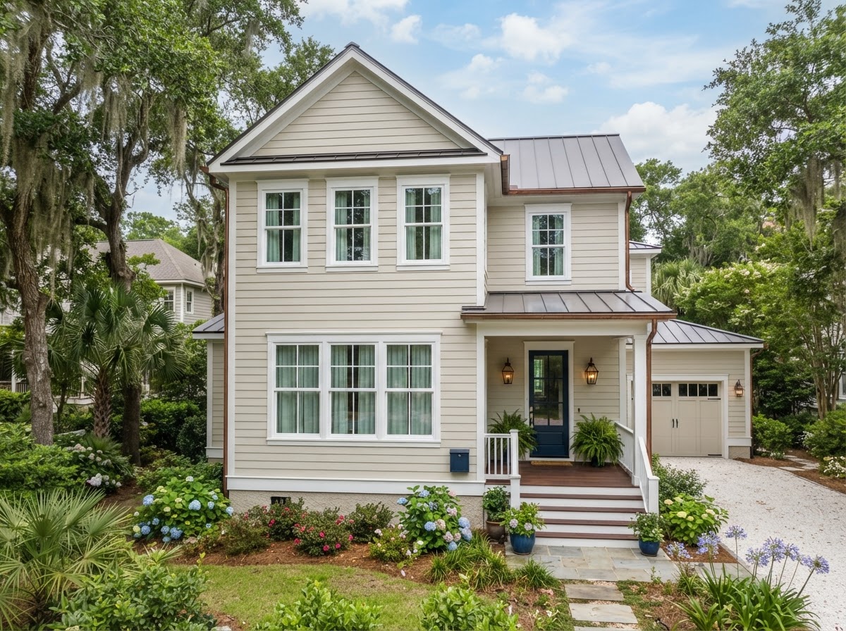 Newly installed white vinyl replacement windows with clean modern grid design on a coastal South Carolina home exterior