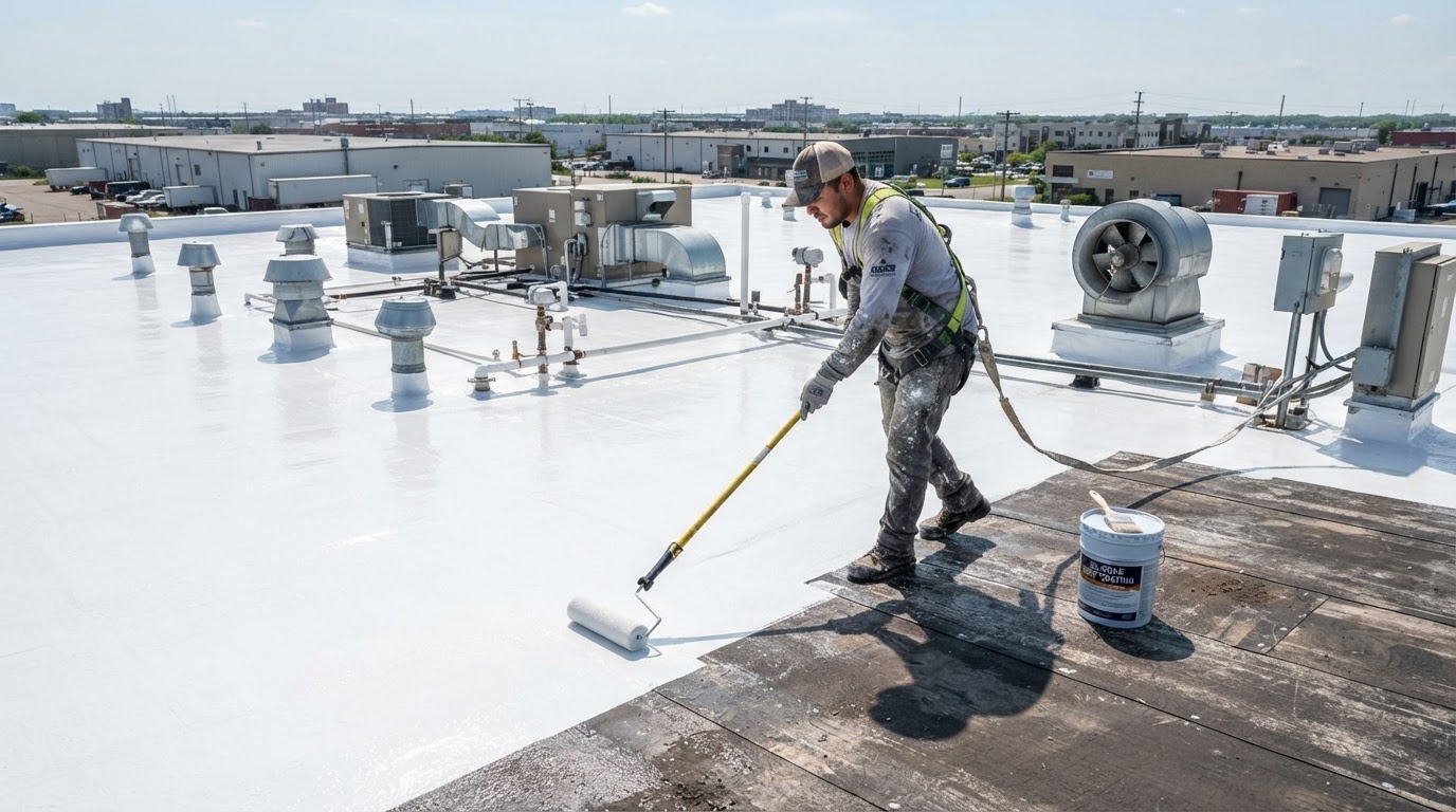 Worker applying white silicone elastomeric roof coating to a flat commercial roof
