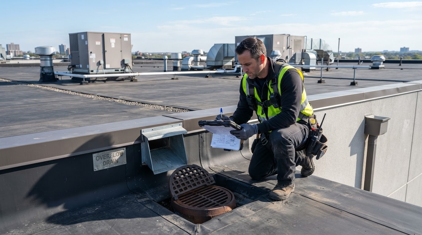 Commercial roofer performing preventive maintenance inspection on a flat roof drain