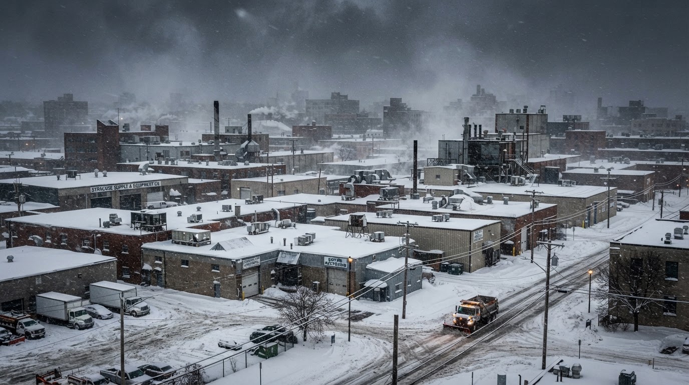 Heavy lake-effect snow falling on commercial buildings in Syracuse, NY