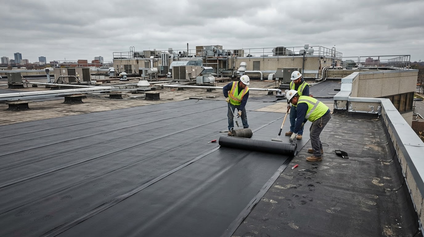 Crew installing black EPDM rubber membrane on a commercial flat roof