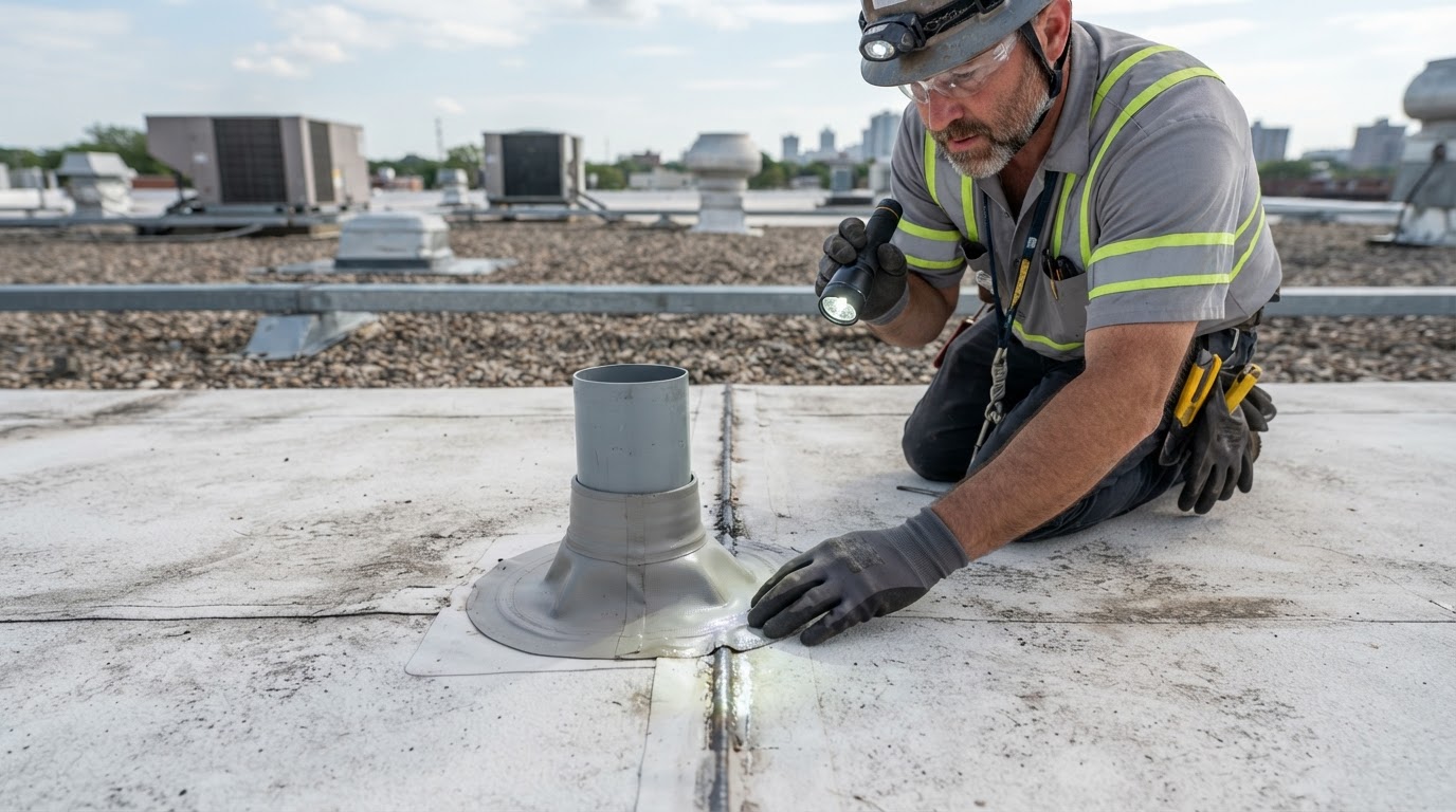 Commercial roofer inspecting a flat roof membrane and flashing around a penetration