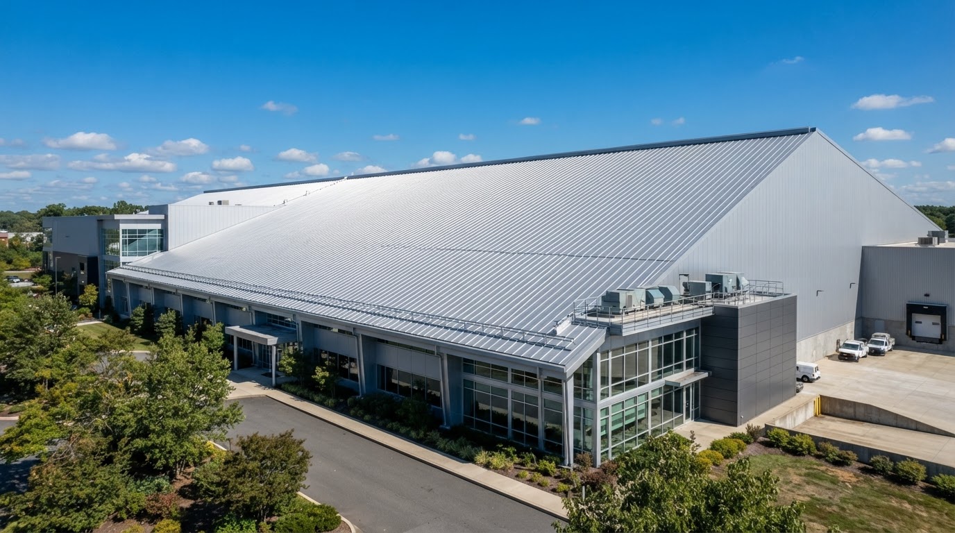 Standing seam metal roof on a commercial industrial building