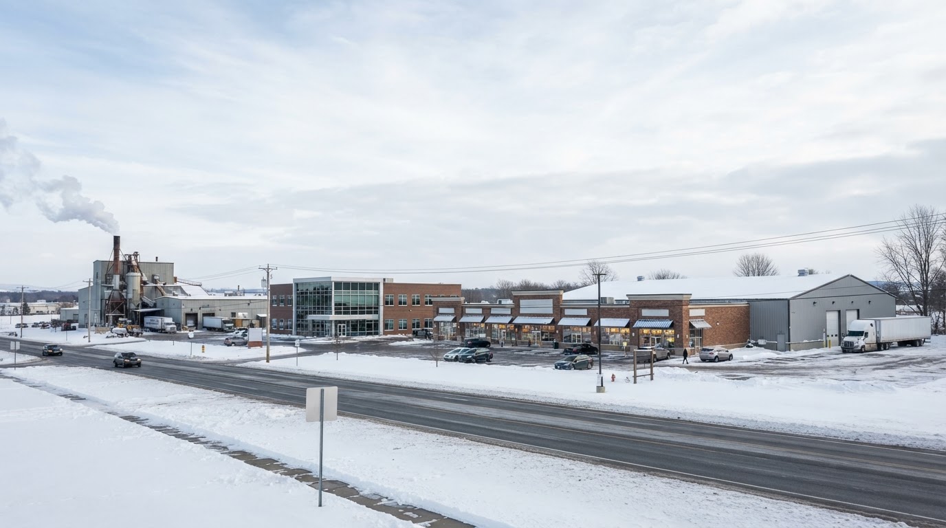 Row of commercial buildings including warehouses, office buildings, and retail plazas in Central New York