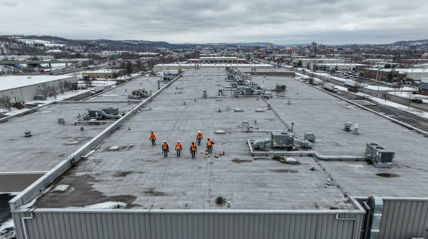 Commercial roofers inspecting a large flat commercial roof in Syracuse, NY