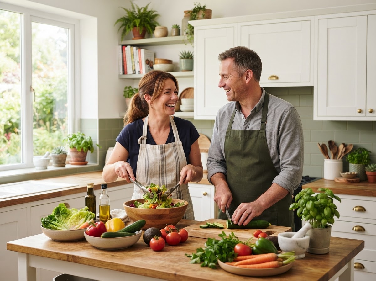 Pareja adulta preparando una ensalada saludable en una cocina luminosa