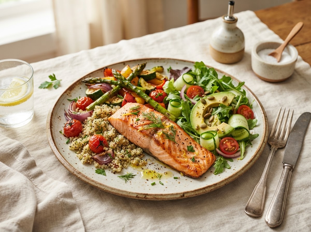 Plato saludable con salmón, vegetales y quinoa
