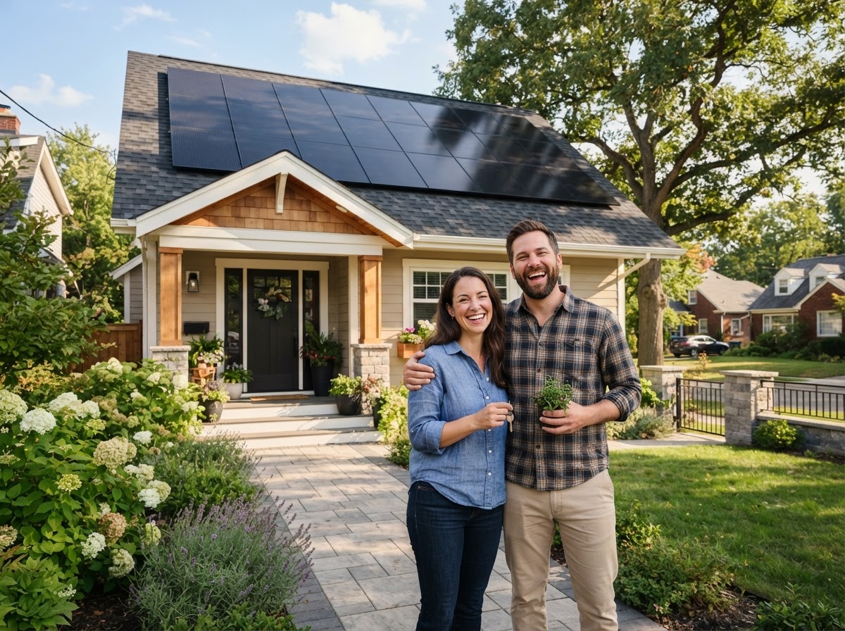 Happy homeowners with their new Sun Solar installation