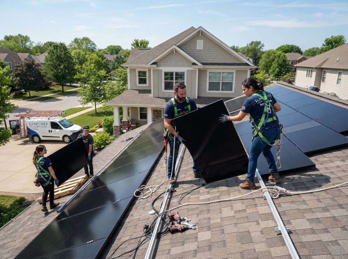 Sun Solar crew installing all-black solar panels on a home