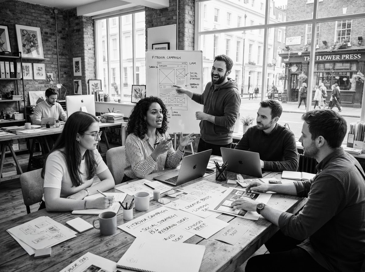 Team collaborating around table in bright London office