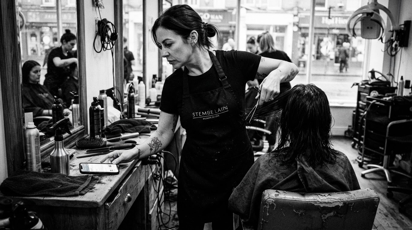 Hairdresser glancing at smartphone lighting up on counter